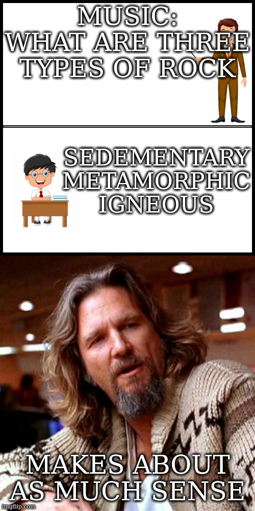 MUSIC:
WHAT ARE THREE TYPES OF ROCK MAKES ABOUT AS MUCH SENSE SEDEMENTARY
METAMORPHIC
IGNEOUS | image tagged in memes,confused lebowski,legend sayantan memes | made w/ Imgflip meme maker