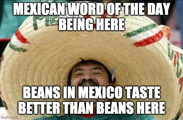 MEXICAN WORD OF THE DAY BEING HERE | MEXICAN WORD OF THE DAY
BEING HERE; BEANS IN MEXICO TASTE BETTER THAN BEANS HERE | image tagged in mexican word of the day | made w/ Imgflip meme maker