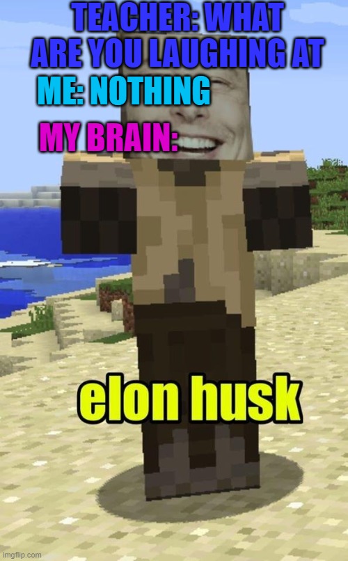 TEACHER: WHAT ARE YOU LAUGHING AT; ME: NOTHING; MY BRAIN: | image tagged in elon musk | made w/ Imgflip meme maker