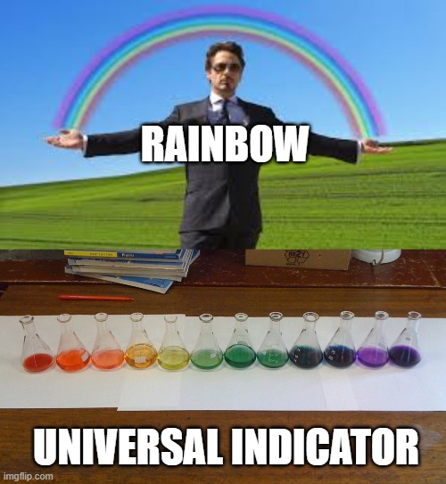 Rainbow & Universal Indicator | RAINBOW; UNIVERSAL INDICATOR | image tagged in rainbow,science,chemistry | made w/ Imgflip meme maker