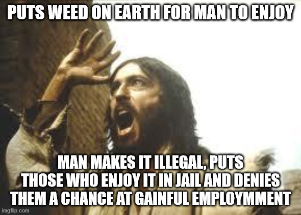 Angry Jesus | PUTS WEED ON EARTH FOR MAN TO ENJOY; MAN MAKES IT ILLEGAL, PUTS THOSE WHO ENJOY IT IN JAIL AND DENIES THEM A CHANCE AT GAINFUL EMPLOYMMENT | image tagged in angry jesus | made w/ Imgflip meme maker