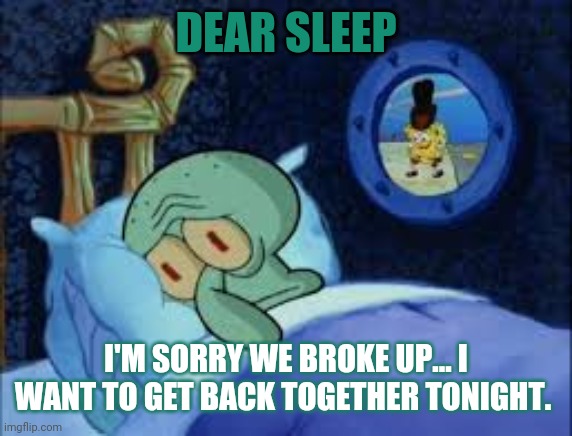 Squidward can't sleep with the spoons rattling | DEAR SLEEP; I'M SORRY WE BROKE UP... I WANT TO GET BACK TOGETHER TONIGHT. | image tagged in squidward can't sleep with the spoons rattling | made w/ Imgflip meme maker