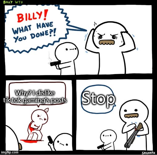 Srgrafo billy | Why? I dislike tik tok gaming's posts; Stop | image tagged in srgrafo billy | made w/ Imgflip meme maker