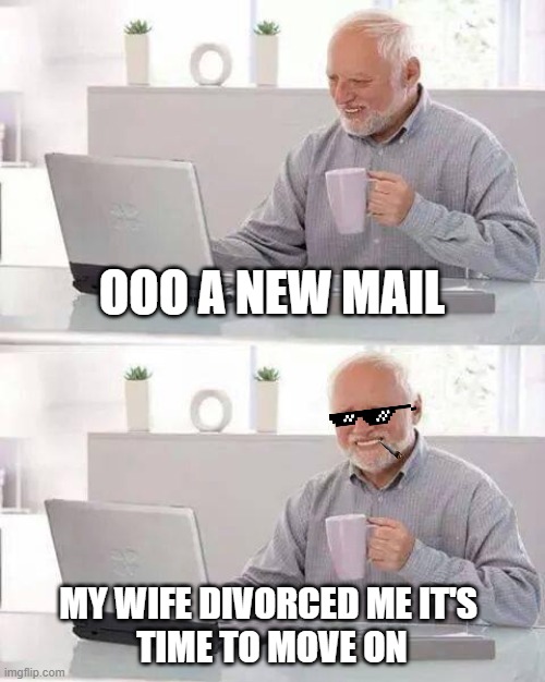 Hide the Pain Harold Meme | OOO A NEW MAIL; MY WIFE DIVORCED ME IT'S 
TIME TO MOVE ON | image tagged in memes,hide the pain harold | made w/ Imgflip meme maker