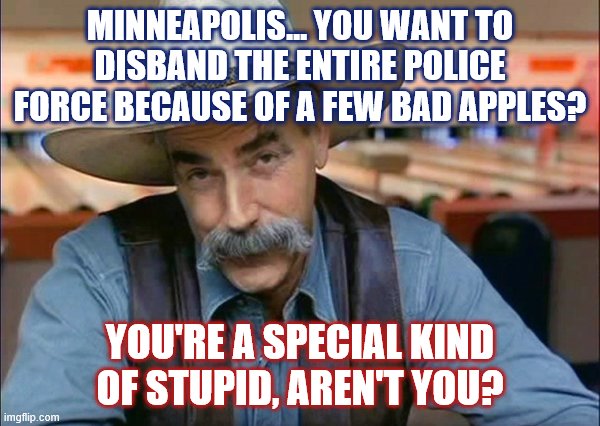 Liberal logic does NOT make sense! | MINNEAPOLIS... YOU WANT TO DISBAND THE ENTIRE POLICE FORCE BECAUSE OF A FEW BAD APPLES? YOU'RE A SPECIAL KIND OF STUPID, AREN'T YOU? | image tagged in sam elliott special kind of stupid,minnesota,police,bad choices | made w/ Imgflip meme maker