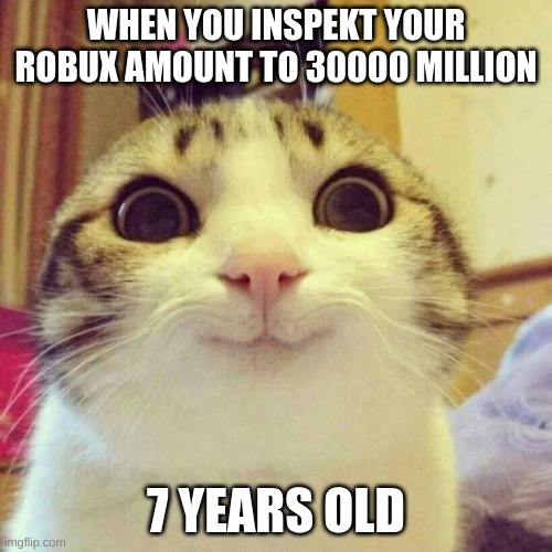 Smiling Cat Meme | WHEN YOU INSPEKT YOUR ROBUX AMOUNT TO 30000 MILLION; 7 YEARS OLD | image tagged in memes,smiling cat | made w/ Imgflip meme maker