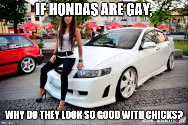 Honda meme | IF HONDAS ARE GAY, WHY DO THEY LOOK SO GOOD WITH CHICKS? | image tagged in memes | made w/ Imgflip meme maker