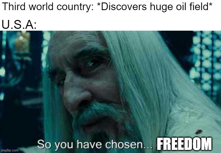 Who need some? | Third world country: *Discovers huge oil field*; U.S.A:; FREEDOM | image tagged in so you have chosen death | made w/ Imgflip meme maker