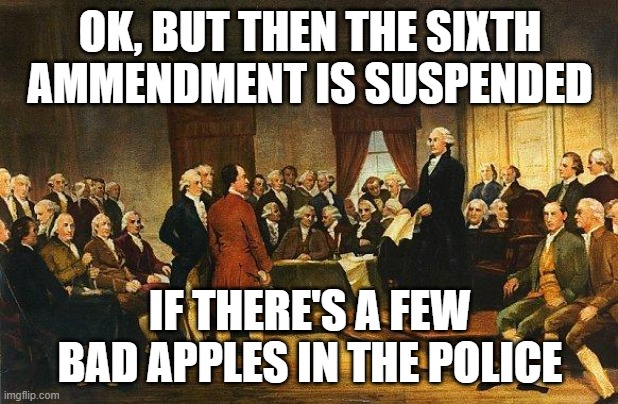 Constitutional Convention | OK, BUT THEN THE SIXTH AMMENDMENT IS SUSPENDED IF THERE'S A FEW BAD APPLES IN THE POLICE | image tagged in constitutional convention | made w/ Imgflip meme maker