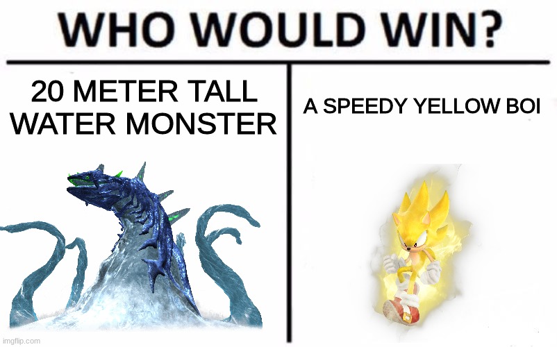 Sonic adventure | 20 METER TALL WATER MONSTER; A SPEEDY YELLOW BOI | image tagged in memes,who would win | made w/ Imgflip meme maker