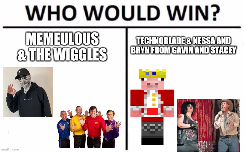 Memeulous The Wiggles Technoblade Gavin and Stacey | TECHNOBLADE & NESSA AND BRYN FROM GAVIN AND STACEY; MEMEULOUS & THE WIGGLES | image tagged in memes,who would win,fight,fruit,salad,minecraft | made w/ Imgflip meme maker