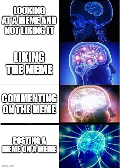 Expanding Brain Meme | LOOKING AT A MEME AND NOT LIKING IT LIKING THE MEME COMMENTING ON THE MEME POSTING A MEME ON A MEME | image tagged in memes,expanding brain | made w/ Imgflip meme maker