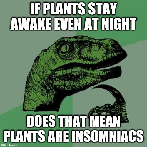 pvz meme (mushrooms are not plants lol) | IF PLANTS STAY AWAKE EVEN AT NIGHT; DOES THAT MEAN PLANTS ARE INSOMNIACS | image tagged in memes,philosoraptor,plants vs zombies | made w/ Imgflip meme maker