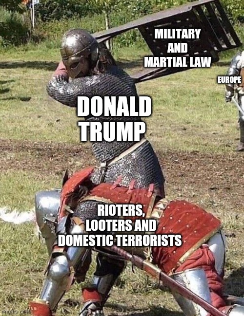 I think I agree with Trump on that one, because extreme situations require extreme measures | MILITARY AND MARTIAL LAW; EUROPE; DONALD TRUMP; RIOTERS, LOOTERS AND DOMESTIC TERRORISTS | image tagged in knight knight chair fight,donald trump,military,riots,george floyd,looters | made w/ Imgflip meme maker