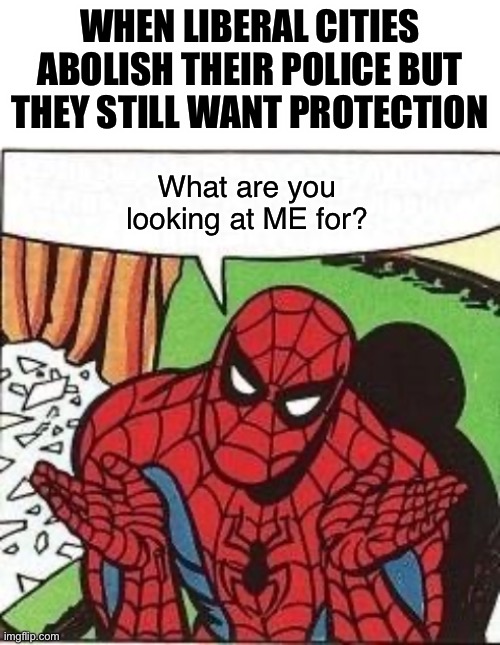 WHEN LIBERAL CITIES ABOLISH THEIR POLICE BUT THEY STILL WANT PROTECTION What are you looking at ME for? | image tagged in blank white template,spiderman confusion | made w/ Imgflip meme maker