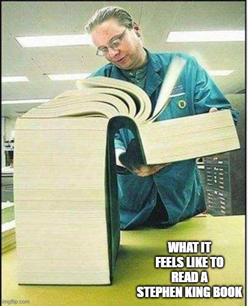 truth | WHAT IT FEELS LIKE TO READ A STEPHEN KING BOOK | image tagged in big book | made w/ Imgflip meme maker