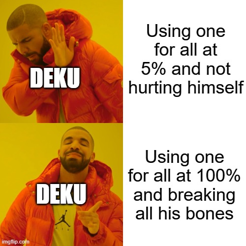 Deku's choices | Using one for all at 5% and not hurting himself; DEKU; Using one for all at 100% and breaking all his bones; DEKU | image tagged in memes,drake hotline bling | made w/ Imgflip meme maker