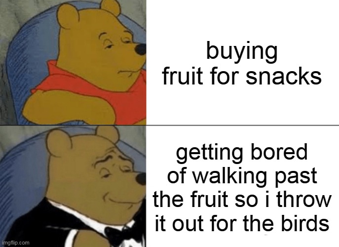 Tuxedo Winnie The Pooh | buying fruit for snacks; getting bored of walking past the fruit so i throw it out for the birds | image tagged in memes,tuxedo winnie the pooh | made w/ Imgflip meme maker