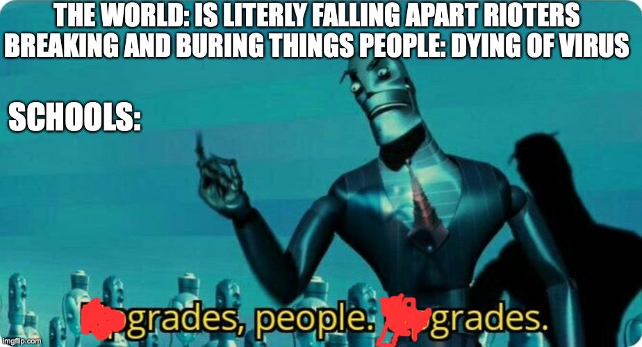 grades people | THE WORLD: IS LITERLY FALLING APART RIOTERS BREAKING AND BURING THINGS PEOPLE: DYING OF VIRUS; SCHOOLS: | image tagged in upgrades people upgrades | made w/ Imgflip meme maker