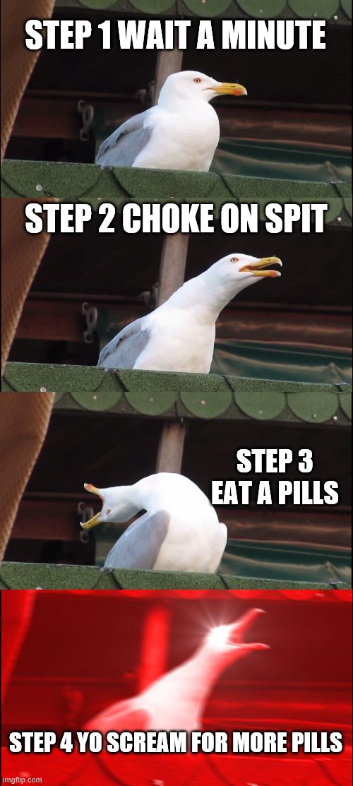Help me | STEP 1 WAIT A MINUTE; STEP 2 CHOKE ON SPIT; STEP 3 EAT A PILLS; STEP 4 YO SCREAM FOR MORE PILLS | image tagged in memes,inhaling seagull | made w/ Imgflip meme maker
