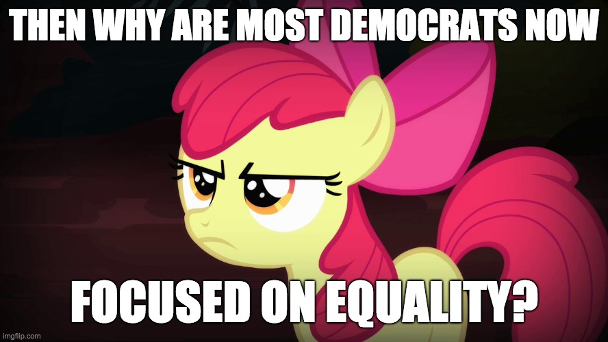 Angry Applebloom | THEN WHY ARE MOST DEMOCRATS NOW FOCUSED ON EQUALITY? | image tagged in angry applebloom | made w/ Imgflip meme maker