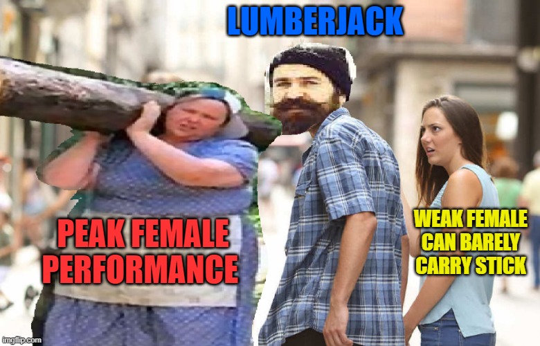 LUMBERJACK; WEAK FEMALE CAN BARELY CARRY STICK; PEAK FEMALE PERFORMANCE | image tagged in lumberjack | made w/ Imgflip meme maker