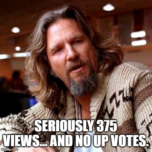 Confused Lebowski Meme | SERIOUSLY 375 VIEWS... AND NO UP VOTES. | image tagged in memes,confused lebowski | made w/ Imgflip meme maker