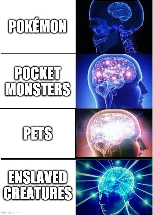 Expanding Brain | POKÉMON; POCKET MONSTERS; PETS; ENSLAVED CREATURES | image tagged in memes,expanding brain | made w/ Imgflip meme maker