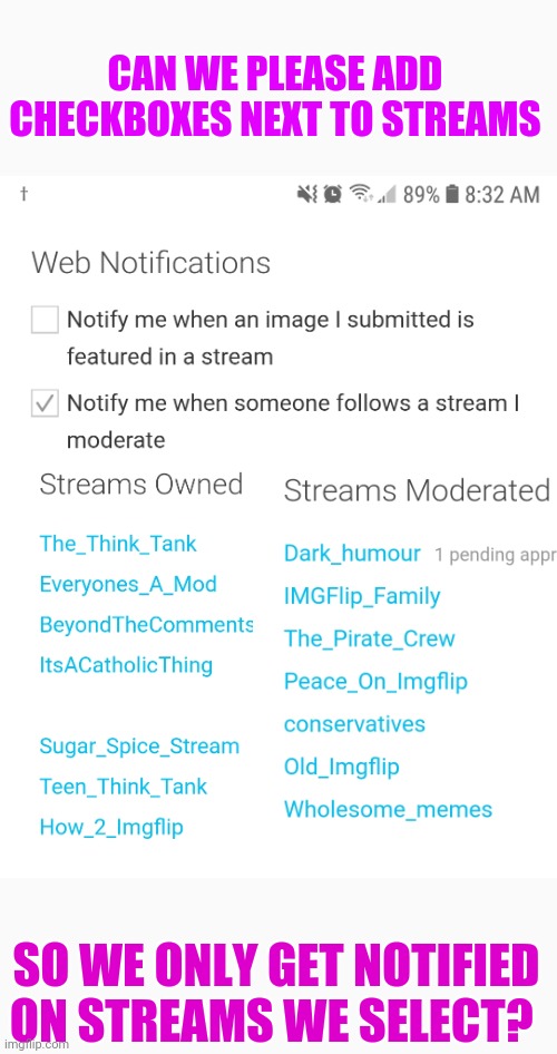 I don't want to turn it off because of the streams I own but I hate getting 55 notifications a day for every follow | CAN WE PLEASE ADD CHECKBOXES NEXT TO STREAMS; SO WE ONLY GET NOTIFIED ON STREAMS WE SELECT? | image tagged in blank white template | made w/ Imgflip meme maker