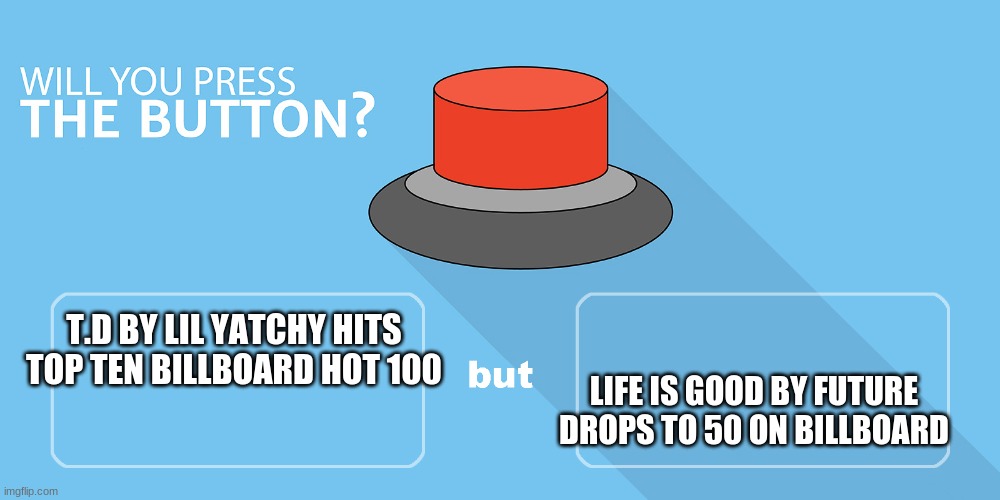 Would you press the button? | T.D BY LIL YATCHY HITS TOP TEN BILLBOARD HOT 100; LIFE IS GOOD BY FUTURE DROPS TO 50 ON BILLBOARD | image tagged in would you press the button | made w/ Imgflip meme maker