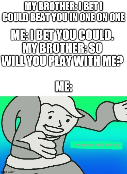 Did he even listen to me?? | MY BROTHER: I BET I COULD BEAT YOU IN ONE ON ONE; ME: I BET YOU COULD. MY BROTHER: SO WILL YOU PLAY WITH ME? ME: | image tagged in blank white template,excuse me what and why | made w/ Imgflip meme maker