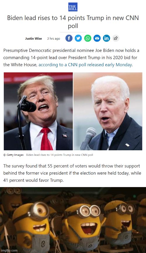 The past couple weeks have not been kind to Trump, to put it lightly. Celebrating good news! | image tagged in cheering minions,election 2020,polls,joe biden,donald trump,2020 elections | made w/ Imgflip meme maker