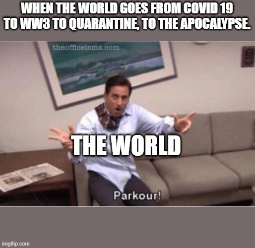 parkour! | WHEN THE WORLD GOES FROM COVID 19 TO WW3 TO QUARANTINE, TO THE APOCALYPSE. THE WORLD | image tagged in parkour | made w/ Imgflip meme maker