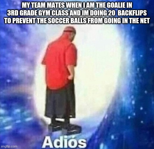 Adios | MY TEAM MATES WHEN I AM THE GOALIE IN 3RD GRADE GYM CLASS AND IM DOING 20  BACKFLIPS TO PREVENT THE SOCCER BALLS FROM GOING IN THE NET | image tagged in adios | made w/ Imgflip meme maker
