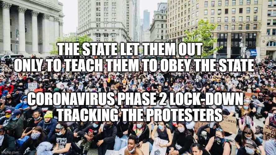 Riot zone | THE STATE LET THEM OUT     ONLY TO TEACH THEM TO OBEY THE STATE; CORONAVIRUS PHASE 2 LOCK-DOWN     TRACKING THE PROTESTERS | image tagged in riot zone | made w/ Imgflip meme maker