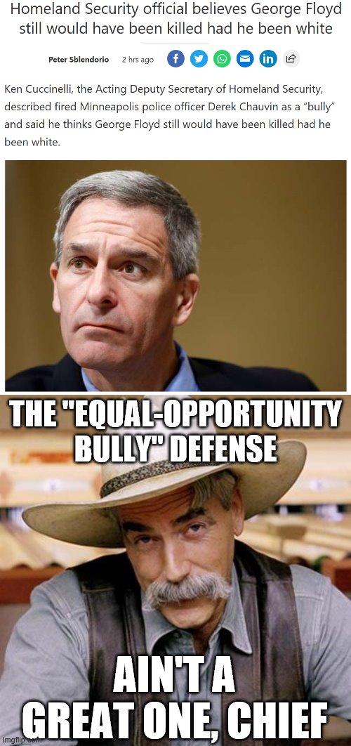 Big if true? Not really. We still need to reform the police -- this would only mean everyone has an interest in it. | THE "EQUAL-OPPORTUNITY BULLY" DEFENSE; AIN'T A GREAT ONE, CHIEF | image tagged in sarcasm cowboy,racism,no racism,police brutality,bully,conservative logic | made w/ Imgflip meme maker
