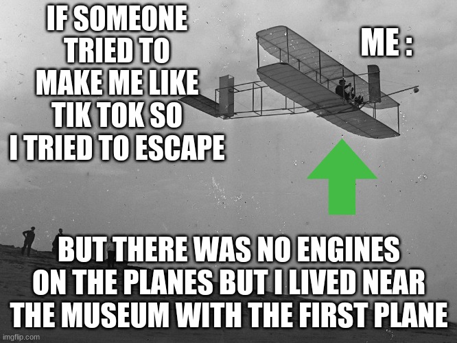 Yeah this is a horrible meme lol | ME :; IF SOMEONE TRIED TO MAKE ME LIKE TIK TOK SO I TRIED TO ESCAPE; BUT THERE WAS NO ENGINES ON THE PLANES BUT I LIVED NEAR THE MUSEUM WITH THE FIRST PLANE | image tagged in meme | made w/ Imgflip meme maker
