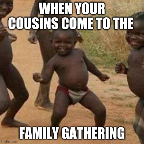 Third World Success Kid Meme |  WHEN YOUR COUSINS COME TO THE; FAMILY GATHERING | image tagged in memes,third world success kid | made w/ Imgflip meme maker