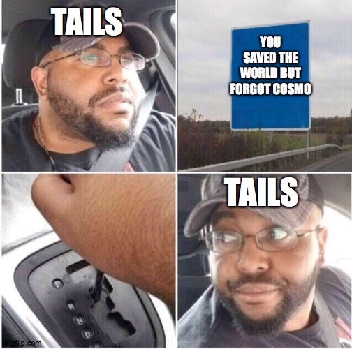 car reverse | TAILS; YOU SAVED THE WORLD BUT FORGOT COSMO; TAILS | image tagged in car reverse | made w/ Imgflip meme maker