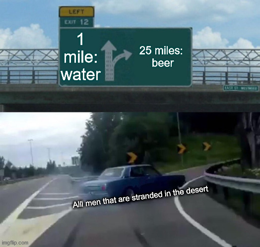 Meme | 1 mile: water; 25 miles: 
beer; Alll men that are stranded in the desert | image tagged in memes,left exit 12 off ramp | made w/ Imgflip meme maker