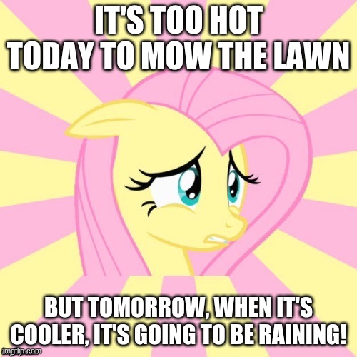 Will I ever get that done? | IT'S TOO HOT TODAY TO MOW THE LAWN; BUT TOMORROW, WHEN IT'S COOLER, IT'S GOING TO BE RAINING! | image tagged in awkward fluttershy,memes,mow the lawn,hot weather,rainy day | made w/ Imgflip meme maker