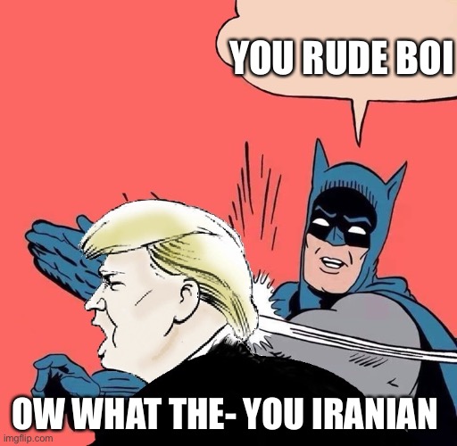 Batman slaps Trump | YOU RUDE BOI; OW WHAT THE- YOU IRANIAN | image tagged in batman slaps trump | made w/ Imgflip meme maker