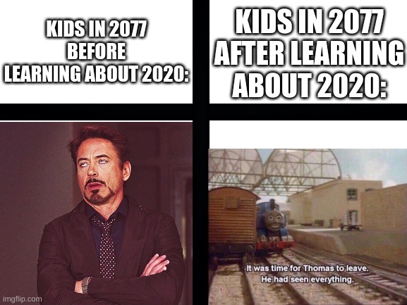 a 2020 meme | KIDS IN 2077 BEFORE LEARNING ABOUT 2020:; KIDS IN 2077 AFTER LEARNING ABOUT 2020: | image tagged in blank white template | made w/ Imgflip meme maker