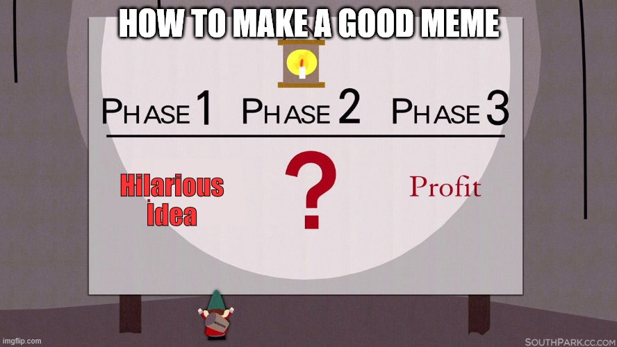 How do you make a meme? | HOW TO MAKE A GOOD MEME; Hilarious Idea | image tagged in south park underpants gnomes,upvotes,i don't know | made w/ Imgflip meme maker