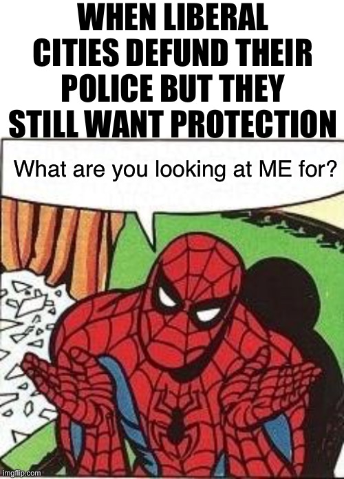 Super heroes to save the day in liberal cities | WHEN LIBERAL CITIES DEFUND THEIR POLICE BUT THEY STILL WANT PROTECTION; What are you looking at ME for? | image tagged in spiderman confusion,super hero,funny,memes,politics | made w/ Imgflip meme maker
