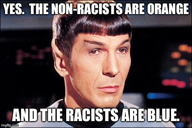 Condescending Spock | YES.  THE NON-RACISTS ARE ORANGE AND THE RACISTS ARE BLUE. | image tagged in condescending spock | made w/ Imgflip meme maker
