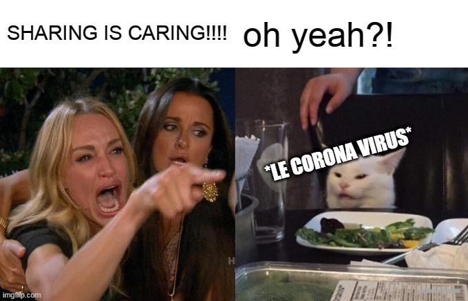 Corona Beat the System | SHARING IS CARING!!!! oh yeah?! *LE CORONA VIRUS*; LOUIS DUPLESSIS | image tagged in woman yelling at cat,corona virus,memes,funny,popular,hot | made w/ Imgflip meme maker