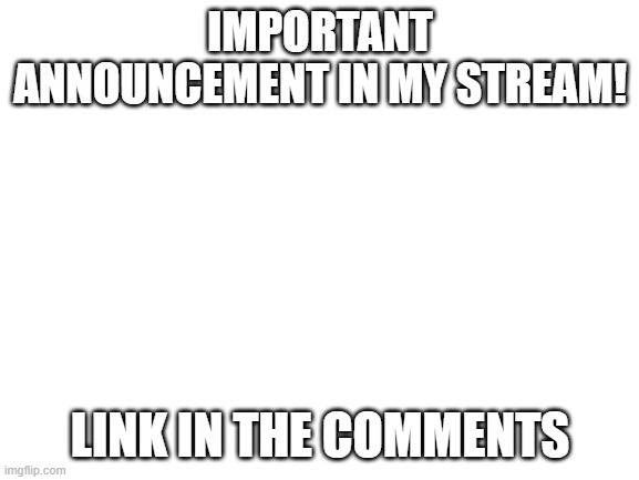 Link in the comments.... | IMPORTANT ANNOUNCEMENT IN MY STREAM! LINK IN THE COMMENTS | image tagged in blank white template,imgflip | made w/ Imgflip meme maker