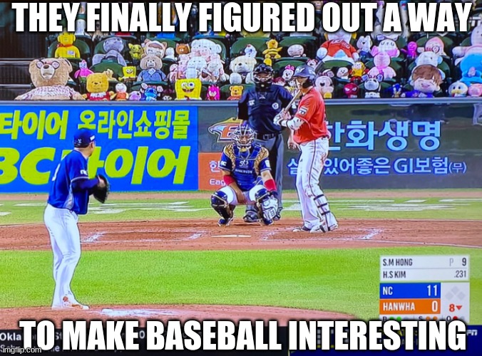 Can't wait for the world series! |  THEY FINALLY FIGURED OUT A WAY; TO MAKE BASEBALL INTERESTING | image tagged in korean baseball,stuffed animal | made w/ Imgflip meme maker