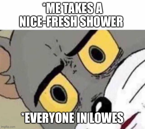 If someone actually did this...I’m calling them a god | *ME TAKES A NICE-FRESH SHOWER; *EVERYONE IN LOWES | image tagged in tom cat unsettled close up | made w/ Imgflip meme maker